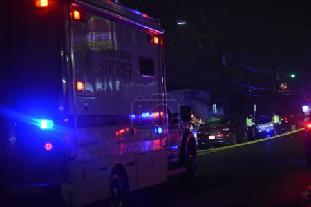 Photo for Officials investigate a pedestrian struck in Wallington, New Jersey. December 3, 2023, Wallington, New Jersey, USA: Officials from the Bergen County Sheriff's Office crime scene unit investigated a pedestrian struck by vehicle incident - Royalty Free Image