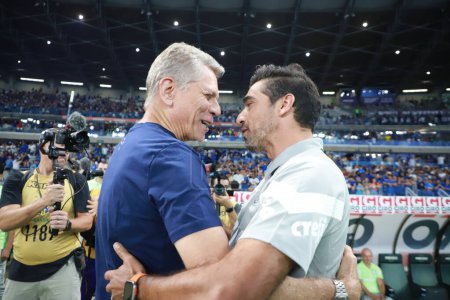 Photo for Belo Horizonte (MG), 12/06/2023 - Coaches Abel Ferreira and Paulo Autuori greet each other before the match between Cruzeiro against Palemeiras valid for the 38th and last round of the Brazilian Championship 2023 - Royalty Free Image