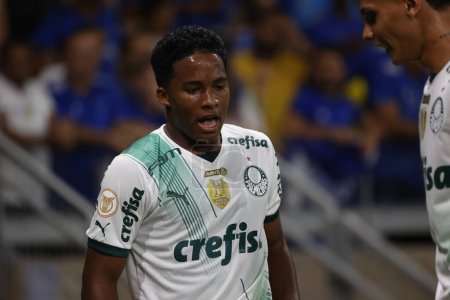 Photo for Belo Horizonte (MG), 12/06/2023 - Endrick from Palmeiras scores and celebrates his goal in a match between Cruzeiro against Palmeiras valid for the 38th and last round of the Brazilian Championship - Royalty Free Image