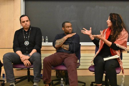 Photo for Noura Erakat (right), Marc Lamont Hill (middle), and Nick Estes (left) attend the Race, Liberation, and Palestine event at Rutgers University in New Brunswick, New Jersey. December 7, 2023, New Brunswick, New Jersey, USA - Royalty Free Image