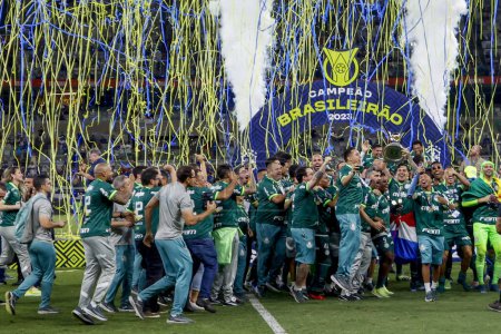 Téléchargez les photos : Belo Horizonte (MG), Brésil 12 / 06 / 2023 - Palmeiras célèbre le 12ème titre avec DodecaCampeao dans un match entre Cruzeiro et Palmeiras qui se termine par un score de 1 x 1, valable pour le 38ème tour - en image libre de droit