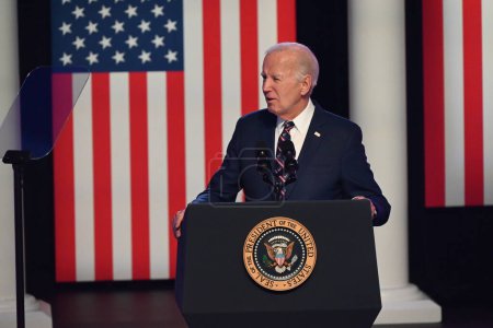 Photo for US President Joe Biden delivered remarks on January 6 2021 Attack on US Capitol at Montgomery County Community College in Blue Bell, Pennsylvania. January 5, 2024, Blue Bell, Pennsylvania, USA - Royalty Free Image