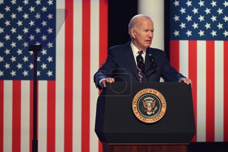 Photo for US President Joe Biden delivered remarks on January 6 2021 Attack on US Capitol at Montgomery County Community College in Blue Bell, Pennsylvania. January 5, 2024, Blue Bell, Pennsylvania, USA - Royalty Free Image