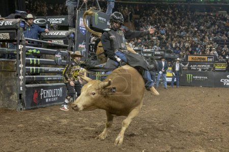 Photo for 2024 Professional Bull Riders At The Garden. January 6, 2024, New York, New York, USA: Guilherme Valleiras rides The Fray during second round of the Professional Bull Riders 2024 Unleash The Beast event at Madison Square Garden - Royalty Free Image