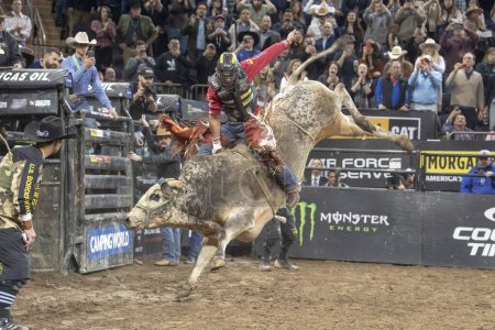 Photo for 2024 Professional Bull Riders At The Garden. January 6, 2024, New York, New York, USA: Silvano Alves rides Tulsa Times during second round of the Professional Bull Riders 2024 Unleash The Beast event at Madison Square Garden on January 6, 2024 - Royalty Free Image