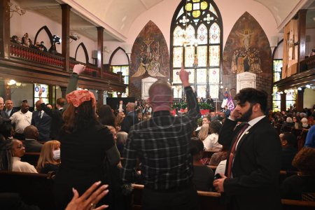 Photo for Protesters demanding a ceasefire in Gaza interrupt US President Joe Biden's speech at Mother Emanuel AME Church in Charleston, South Carolina. January 8, 2024, Charleston, South Carolina, USA: Protesters demanding a ceasefire in Gaza - Royalty Free Image