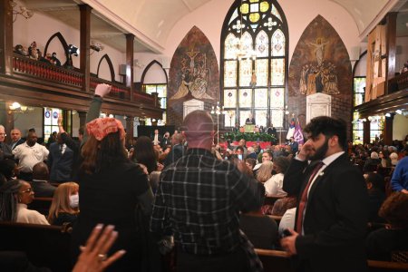 Photo for Protesters demanding a ceasefire in Gaza interrupt US President Joe Biden's speech at Mother Emanuel AME Church in Charleston, South Carolina. January 8, 2024, Charleston, South Carolina, USA: Protesters demanding a ceasefire in Gaza - Royalty Free Image