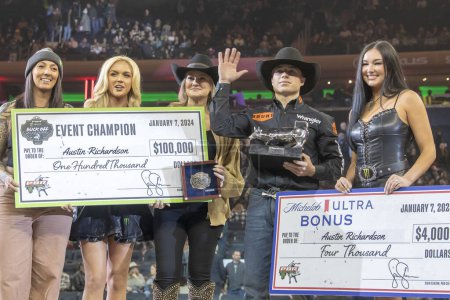 Photo for 2024 Professional Bull Riders Unleash The Beast At The Garden. January 7, 2024, New York, New York, USA: Austin Richardson (2R) wins the Professional Bull Riders 2024 Unleash The Beast event at Madison Square Garden on January 7, 2024 - Royalty Free Image