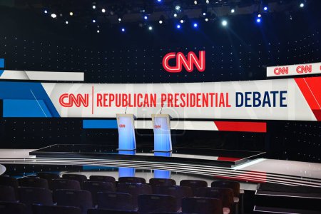 Photo for CNN Republican Presidential Primary Debate stage in Des Moines, Iowa. January 10, 2024, Des Moines, Iowa, USA: Nikki Haley and Ron DeSantis will participate in CNN's Republican Presidential Primary Debate at Drake University - Royalty Free Image