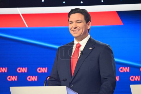 Photo for CNN Republican Presidential Primary Debate with Nikki Haley and Ron DeSantis at Drake University in Des Moines, Iowa. January 10, 2024, Des Moines, Iowa, USA: Nikki Haley (not shown) and Ron DeSantis (shown) - Royalty Free Image