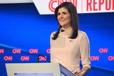 Photo for CNN Republican Presidential Primary Debate with Nikki Haley and Ron DeSantis at Drake University in Des Moines, Iowa. January 10, 2024, Des Moines, Iowa, USA: Nikki Haley (not shown) and Ron DeSantis (shown) - Royalty Free Image