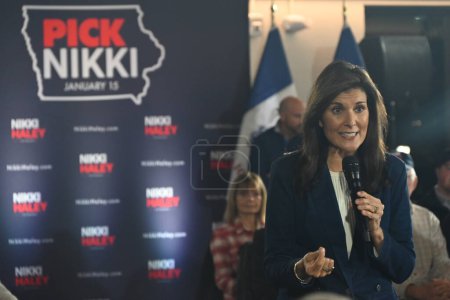 Photo for Nikki Haley is delivering remarks at a ''Pick Nikki Countdown to Caucus'' event at the Olympic Theater in Cedar Rapids, Iowa. January 11, 2024, Cedar Rapids, Iowa, USA: Nikki Haley's events scheduled to be in person on Friday, January 12, 2024 - Royalty Free Image