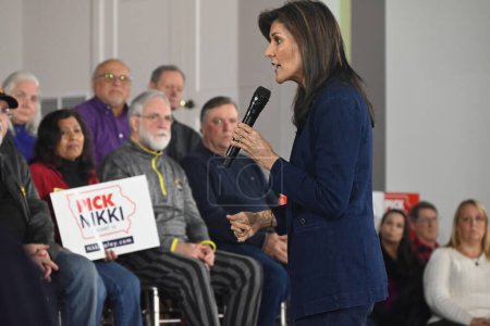 Photo for Nikki Haley is delivering remarks at a ''Pick Nikki Countdown to Caucus'' event at the Olympic Theater in Cedar Rapids, Iowa. January 11, 2024, Cedar Rapids, Iowa, USA: Nikki Haley's events scheduled to be in person on Friday, January 12, 2024 - Royalty Free Image