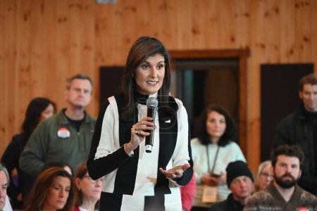 Photo for Nikki Haley, 2024 US Presidential Candidate delivers remarks at a "Pick Nikki Countdown to Caucus" event in Adel, Iowa. January 14, 2024, Adel, Iowa, USA: Nikki Haley commented on Principal Dan Marburger of who died from gunshot wound injuries - Royalty Free Image