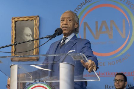 Photo for National Action Network Marks Martin Luther King Jr. Day. January 15, 2024, New York, New York, USA: Rev. Al Sharpton speaks during a Martin Luther King Jr. Day event in Harlem on January 15, 2024 in New York City. - Royalty Free Image