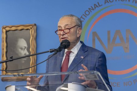 Photo for National Action Network Marks Martin Luther King Jr. Day. January 15, 2024, New York, New York, USA: U.S. Senate Majority Leader U.S. Senator Chuck Schumer (D-NY) speaks during a Martin Luther King Jr. Day event in Harlem on January 15, 2024 - Royalty Free Image