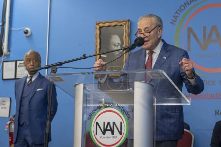 Photo for National Action Network Marks Martin Luther King Jr. Day. January 15, 2024, New York, New York, USA: U.S. Senate Majority Leader U.S. Senator Chuck Schumer (D-NY) speaks during a Martin Luther King Jr. Day event in Harlem on January 15, 2024 - Royalty Free Image