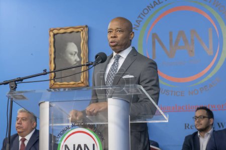 Photo for National Action Network Marks Martin Luther King Jr. Day. January 15, 2024, New York, New York, USA: New York City. Mayor Eric Adams speaks during a Martin Luther King Jr. Day event in Harlem on January 15, 2024 - Royalty Free Image