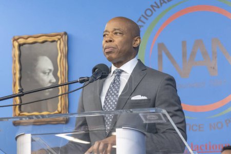 Photo for National Action Network Marks Martin Luther King Jr. Day. January 15, 2024, New York, New York, USA: New York City. Mayor Eric Adams speaks during a Martin Luther King Jr. Day event in Harlem on January 15, 2024 - Royalty Free Image