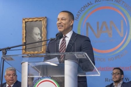 Photo for National Action Network Marks Martin Luther King Jr. Day. January 15, 2024, New York, New York, USA: U.S. Attorney Eastern District of New York Breon Peace speaks during a Martin Luther King Jr. Day event in Harlem on January 15, 2024 - Royalty Free Image
