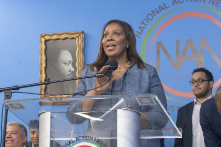 Photo for National Action Network Marks Martin Luther King Jr. Day. January 15, 2024, New York, New York, USA: New York State Attorney General Letitia James speaks during a Martin Luther King Jr. Day event in Harlem on January 15, 2024 in New York City. - Royalty Free Image