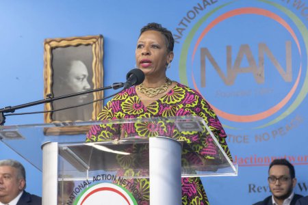 Photo for National Action Network Marks Martin Luther King Jr. Day. January 15, 2024, New York, New York, USA: New York City.  Council's Speaker Adrienne Adams speaks during a Martin Luther King Jr. Day event in Harlem on Jan - Royalty Free Image