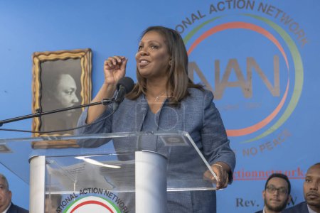 Photo for National Action Network Marks Martin Luther King Jr. Day. January 15, 2024, New York, New York, USA: New York State Attorney General Letitia James speaks during a Martin Luther King Jr. Day event in Harlem on January 15, 2024 in New York City. - Royalty Free Image