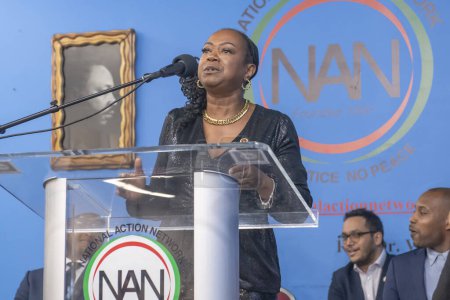 Photo for National Action Network Marks Martin Luther King Jr. Day. January 15, 2024, New York, New York, USA: New York City.  Councilmember Darlene Mealy speaks during a Martin Luther King Jr. Day event in Harlem - Royalty Free Image