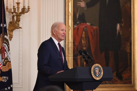 Foto de El presidente de los Estados Unidos, Joe Biden, hace declaraciones en un evento de la Conferencia de Alcaldes de los Estados Unidos en la Casa Blanca en Washington, DC. 19 de enero de 2024, Washington, DC, EE.UU. - Imagen libre de derechos
