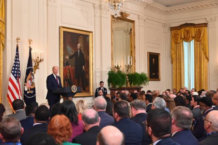 Téléchargez les photos : Le président américain Joe Biden prononce un discours lors d'une réunion d'hiver de la Conférence des maires des États-Unis à la Maison Blanche à Washington, DC. 19 janvier 2024, Washington, DC, USA - en image libre de droit