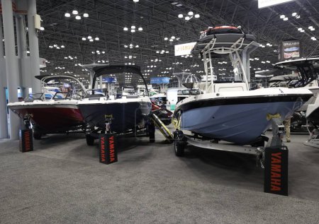 Photo for (New) New York Boat Show in New York. January 25, 2024, New York, USA: The NY boat show is held in Javits Center from January 24 to 28, showing United States and international business stuff related to boats construction, canoeing, diving, motor boat - Royalty Free Image