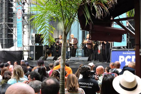 Photo for Sao Paulo (SP), 01/25/2024 - The band Demonios da Garoa performed on a stage set up on Avenida Sao Joao this Thursday (25) on the occasion of the celebrations of the capital's 470th anniversary paulista. (Foto: Leandro - Royalty Free Image