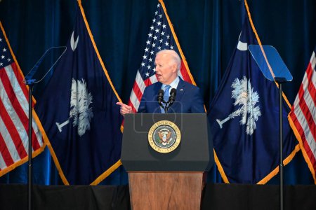 Photo for President of the United States Joe Biden delivers remarks at South Carolinas First in the Nation Dinner at the South Carolina State Fairgrounds in Columbia, South Carolina. January 27, 2024, Columbia, South Carolina, USA - Royalty Free Image