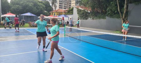 Photo for SAO PAULO (SP), Brazil 1/28/2024 - Amateur Pickleball Tournament at Clube Arena Bola Furada in Vila Nova Conceicao in Sao Paulo this Sunday (28). - Royalty Free Image