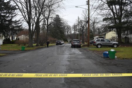 Photo for Police are searching for a shooter after a woman was shot and killed in Ramapo, New York. January 31, 2024, Ramapo, New York, USA: Authorities responded to the scene on Inwood Drive at approximately 9:00 a.m. - Royalty Free Image