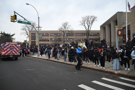 Photo for One person is in custody after two students were stabbed at Martin Van Buren High School in Queens, New York. February 1, 2024, Queens, New York, USA: The stabbing at Martin Van Buren High School happened before 2:00 PM, Thursday afternoon. - Royalty Free Image