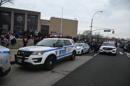 Photo for One person is in custody after two students were stabbed at Martin Van Buren High School in Queens, New York. February 1, 2024, Queens, New York, USA: The stabbing at Martin Van Buren High School happened before 2:00 PM, Thursday afternoon. - Royalty Free Image