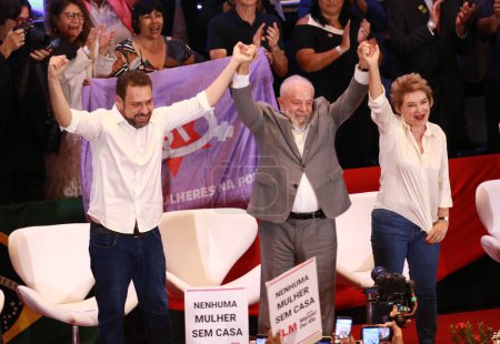 Photo for SAO PAULO (SP), Brazil 02/02/2024 - In the photo, President Luiz Inacio Lula da Silva with Janja and Guilherme Boulos at the Affiliation of candidate Marta Suplicy (PT-SP) for Mayor of Sao Paulo for the Workers' Party - Royalty Free Image
