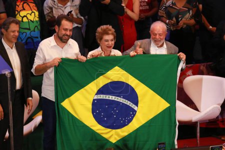 Foto de SAO PAULO (SP), Brasil 02 / 02 / 2024 - En la foto, el presidente Luiz Inácio Lula da Silva, y los candidatos Guilherme Boulos y Marta Suplicy - Imagen libre de derechos