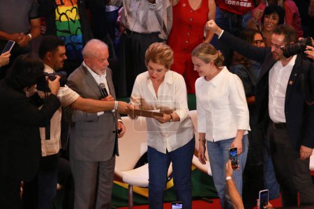 Photo for SAO PAULO (SP), Brazil  02/02/2024 - In the photo, President Luiz Inacio Lula da Silva and Gleisi Hoffmann accompany the signing of Marta Suplicy (PT-SP) during her Affiliation to the City of Sao Paulo - Royalty Free Image