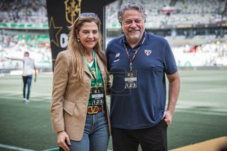 Photo for BELO HORIZONTE (MG), Brazil 04/02/2024 - Leila Pereira and Julio Cesares before the match between Palmeiras and Sao Paulo, valid for the 2024 Brazilian Super Cup final match, held at the Gove stadium - Royalty Free Image