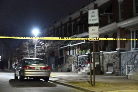 Photo for Two people wounded in a shooting in Baltimore, Maryland. February 8, 2024, Baltimore, Maryland, USA: At approximately 9:41 p.m., Thursday evening, police officers responded to the 3000 block of East Biddle Street to investigate a ShotSpotter - Royalty Free Image