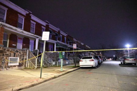 Photo for Two people wounded in a shooting in Baltimore, Maryland. February 8, 2024, Baltimore, Maryland, USA: At approximately 9:41 p.m., Thursday evening, police officers responded to the 3000 block of East Biddle Street to investigate a ShotSpotter - Royalty Free Image