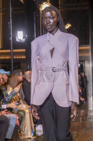 Photo for Mones - Runway - February 2024 New York Fashion Week. February 10, 2024, New York, New York, USA:A model walks the runway at the Monse fashion show during New York Fashion Week - February 2024: The Shows at Rockefeller Center - Royalty Free Image