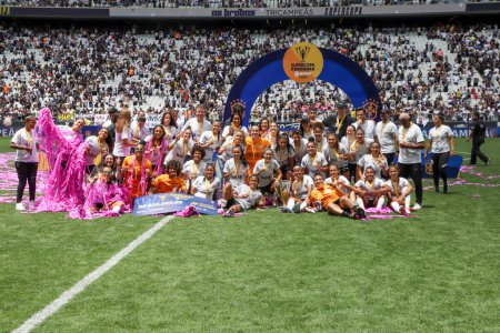 Photo for Sao Paulo (SP), Brazil 02/18/2024 - Corinthians players celebrate winning the 2024 Women's Super Cup - Match between Corinthians x Cruzeiro, valid for the Women's Super Cup final, held at the Neo Quimica Arena, in Itaquera - Royalty Free Image