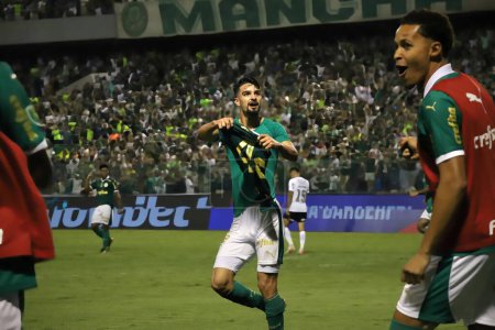 Photo for SAO PAULO(SP) Brazil 02/18/2024 - The player Flaco Lopez, celebrates a goal during a match between Palmeiras and Corinthians, valid for the Campeonato Paulista, held at Arena Barueri, this Sunday, 18. - Royalty Free Image
