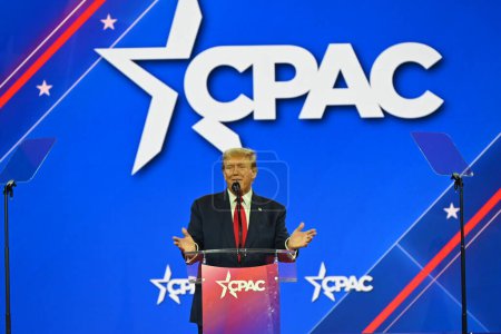 Photo for Former U.S. President Donald J. Trump delivers remarks at the Conservative Political Action Conference, Saturday afternoon. Conservative Political Action Conference underway in National Harbor, Maryland, USA. February 24, 2024 - Royalty Free Image