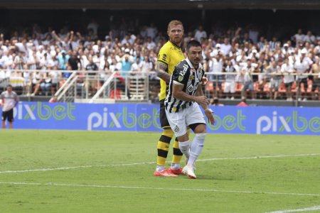 Photo for Sao Paulo (SP), 02/25/2024 - Willian Bigode do Santos scores and celebrates his goal in a match between Santos and Sao Bernardo, in the tenth round of the Campeonato Paulista at Morumbis - Royalty Free Image