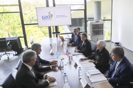 Téléchargez les photos : Sao Paulo (SP), Brésil 29 / 02 / 2024 - Rencontre bilatérale entre Janet Yellen Secrétaire du Trésor américain lors d'une réunion des ministres des Finances et des présidents des banques centrales des pays membres du G20 - en image libre de droit