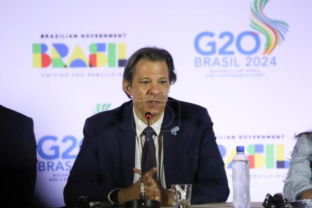 Foto de Sao Paulo (SP), Brasil 29 / 02 / 2024 - El ministro de Hacienda brasileño Fernando Haddad celebra una conferencia de prensa el último día de la reunión de Ministros de Hacienda y Presidentes de Bancos Centrales miembros del G20 - Imagen libre de derechos